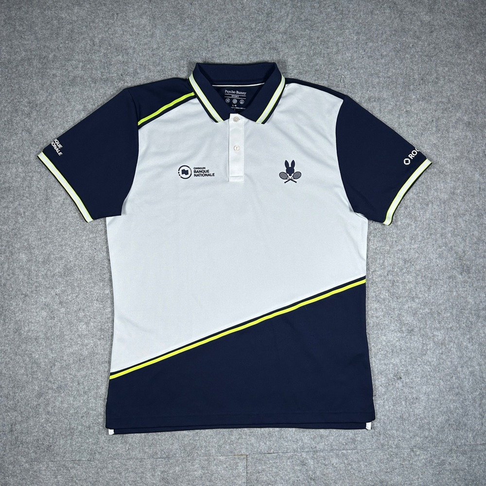 Psycho Bunny Polo Shirt Mens Large Blue White Tennis Canada National Bank